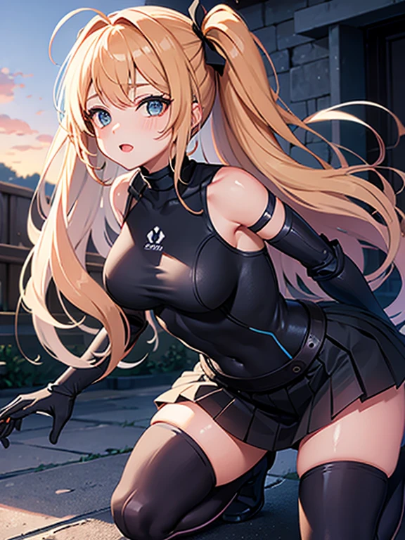 (extremely detailed CG unity 8k wallpaper),(((masterpiece))), (((best quality))), 1girl,bangs,beret,blonde hair,blush,bow,braid,card,cityscape,closed mouth,finger to mouth,hair between eyes,hand up,hat,hood,long hair,looking at viewer,night,red bow,red eyes,red ribbon,ribbon,side braids,smile,solo,sparkle,standing,star (sky),twin braids,twintails
,gloves, boots, leotard
, <lora:lora_ensemble_ototsuki_29b-000010:0.85>