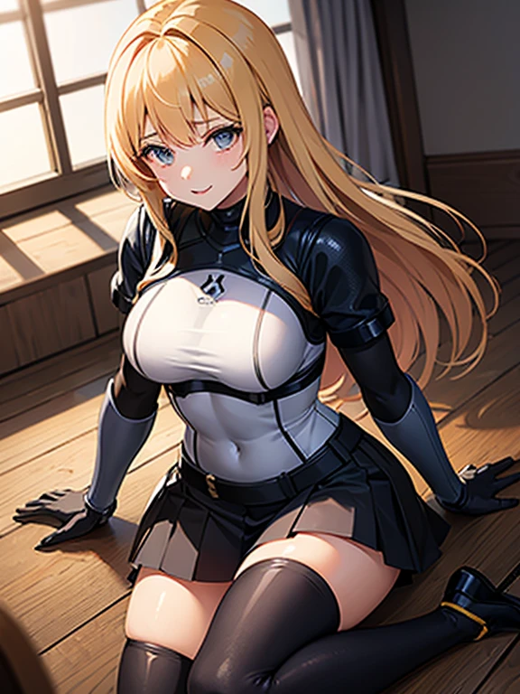 1girl, solo, bodysuit, (lying), (spread legs), (m legs:1.2), blush, smile, perky breasts, (depth of field:1.1), <lora:blcrazln_release:0.75>