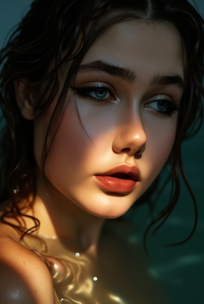 (Best Quality,4k,8k,high resolution,masterpiece:1.2),ultra detailed,(realist,photorealist,photo-realist:1.37),Portraits,detailed eyes,detailed lips,long eyelashes,beautiful girl,drowning in a swamp,closed eyes,swamp water,chest,floating,illustration,Cowboys,leather jacket,sexy expression,Mysterious atmosphere,dark shades,Subtle lighting,vivid colors