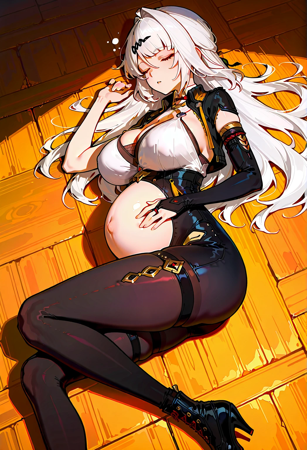 1girl, large breasts, wide hips, dark-skinned female, dark skin, white hair, yellow eyes, tiger print, tiger ears, highleg, highleg bikini, micro bikini, tiger tail, smile, smirk, smug, bar, thighhighs, fukk_body, ((full body))