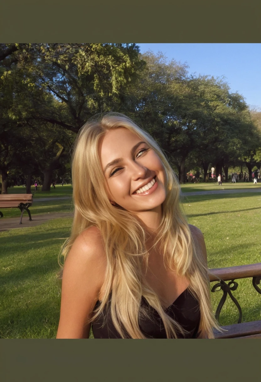 4k, 8k, ultra highres, raw photo in hdr, sharp focus, intricate texture,realistic, show entire body, feet in view, detailed facial features, highly detailed face, posing,perfect lighting,long hair,(blonde hair),,sitting on a park bench,park,short skirt, black pantyhose, crop top, blue sky, clouds, river,water,Zendaya,blonde hair, smile,cute