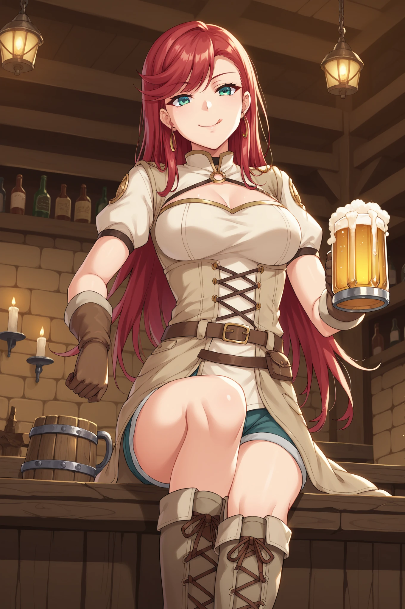 score_7, score_5, kawaii, mature adult warrior woman, (drunk, bubbles:1.21), sitting, arm_support, on_floor, cleavage, wet_shirt, see-through_shirt, stained_clothes, breasts, covered_nipples, knees_up, spread_legs, holding beer tankard, foaming beer, pussy, dripping, wet, wet_hair, foam on hair, (soap_bubbles on chest:1.1), large_breasts, barefoot, fantasy clothing, corset, dress, bottomless, laughing, full-face_blush, full-body_blush, raised_eyebrows, (head_tilt:1.1), red_hair, fantasy theme, wooden floor of a fantasy tavern, solo,