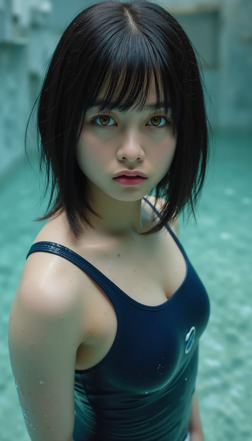 (masterpiece:1.3), (8K、photorealistic, Raw photo, best quality:1.4), (solo), 1 Japan Girl, beautiful face, Beautiful face with perfect symmetry, cute face, wonderful smile, (beautiful black hair bob cut), beautiful black eyes, perfect anatomy, (high detail skin: 1.2), Natural breasts, Beautiful thighs, perfect anatomy,
braid hair, With bangs, ((navy blue school swimsuit )), sweaty, wet skin, ((wet swimsuit:1.1)), Poolside of a luxury indoor pool, perfect lighting, focus only, (big ass), Front view,