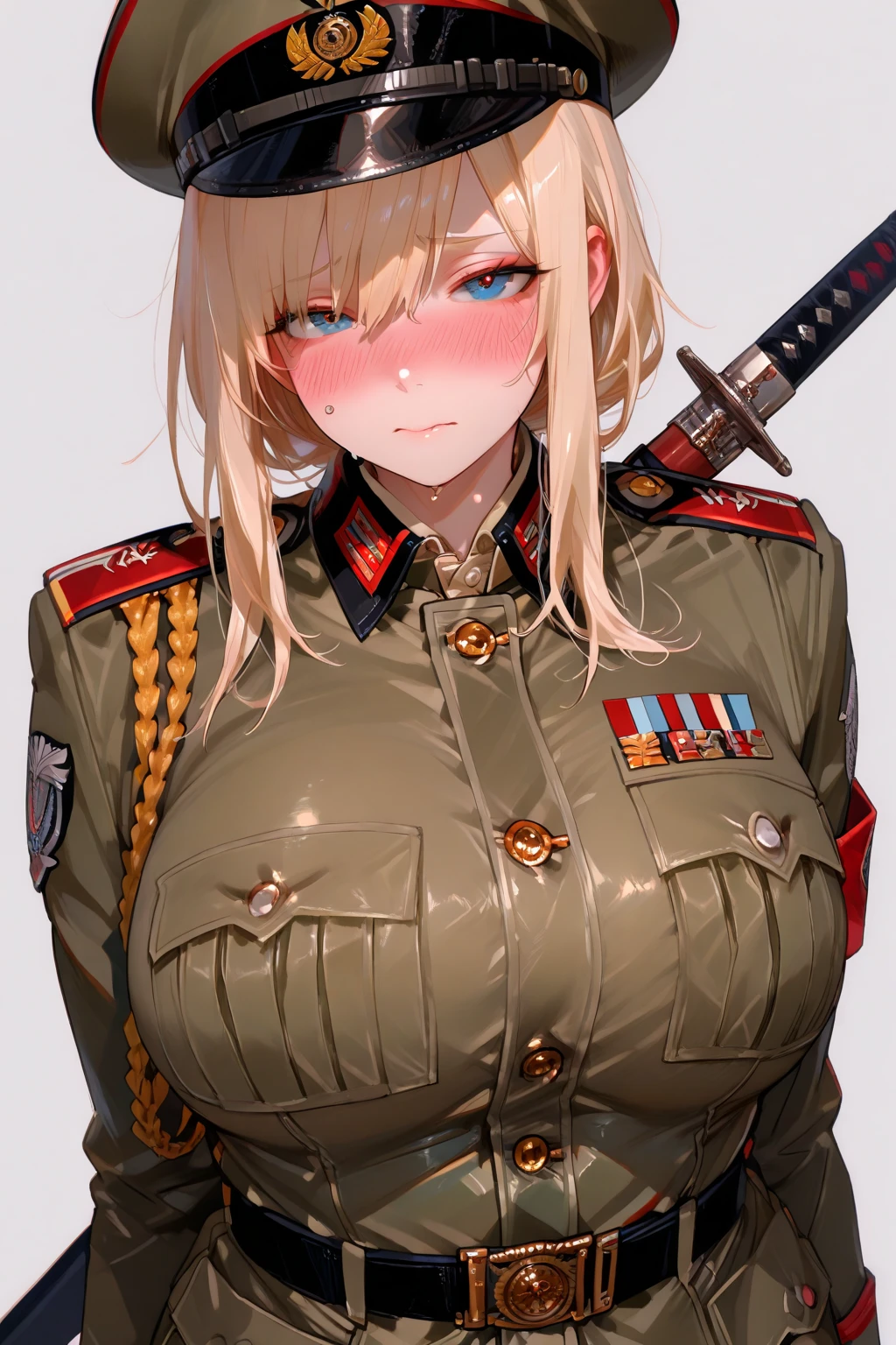 A girl who wears military clothes, brown heirs, big breasts, anime cartoon, german third reich,