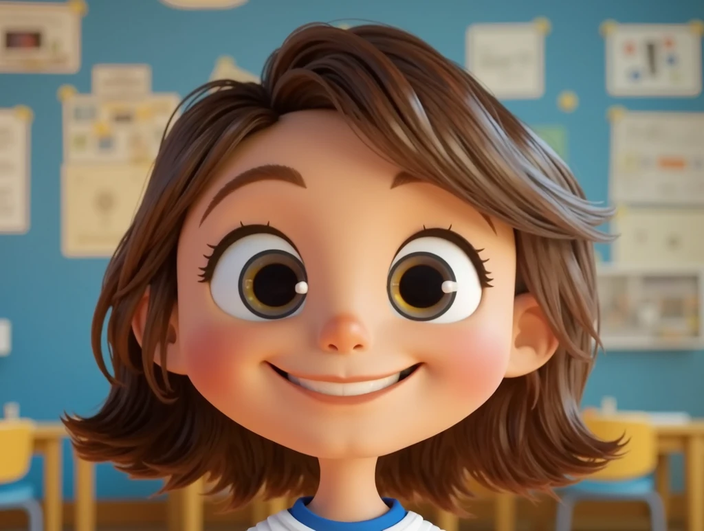  girl in preschool, short hair below the cheeks, with curls, brown eye color coffee, long eyelashes, Venezuelan, clear skin, middle nose, at his school, uniform shirt chemise yellow color, He is smiling inside his school. Beautiful and chubby 