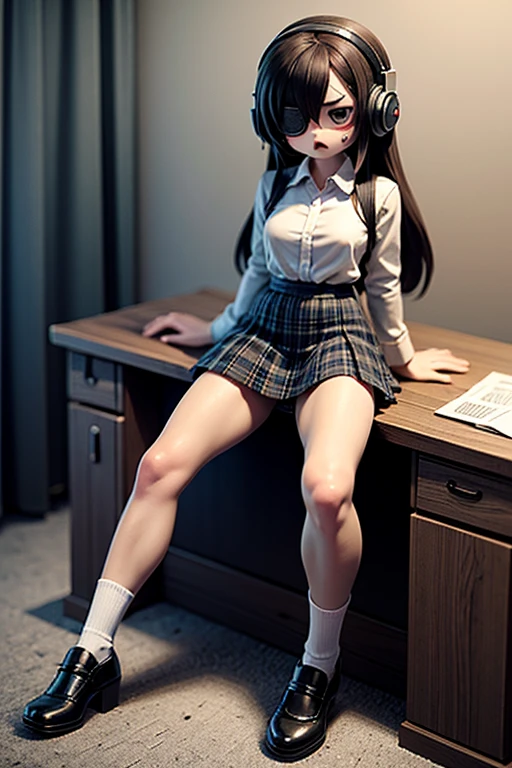 8K, highest quality, (Raw photo: 1.2), (Photorealistic: 1.4), (Reality: 1.3), illustration. One girl, 12 years old, has black hair, long hair, cute bangs and bangs. Soft hair fluttering in the wind. Front view, cute face, pink lips, lipstick, beautiful eyes. Lori, full body. Classic school uniform. Plaid pleated skirts, mini skirts. Dark blue cardigan, (open shirt, open shirt. The collarbone is visible). Soft and neutral light. School desks and chairs, blackboards and books. Detailed skin, beautiful skin, fair skin, small breasts, slim figure. Transparent face, childish face. Childishness remains. Facing the viewer. (sitting on a chair, studying), open legs, spread crotch, open crotch, spread legs, white panties. Crotch, pubic hill. (Both knees are visible, both knees are facing us). You can see the cleavage, lower. Ribs and pectoral muscles are visible. Angle from below. White panties in the skirt are glimpsed.