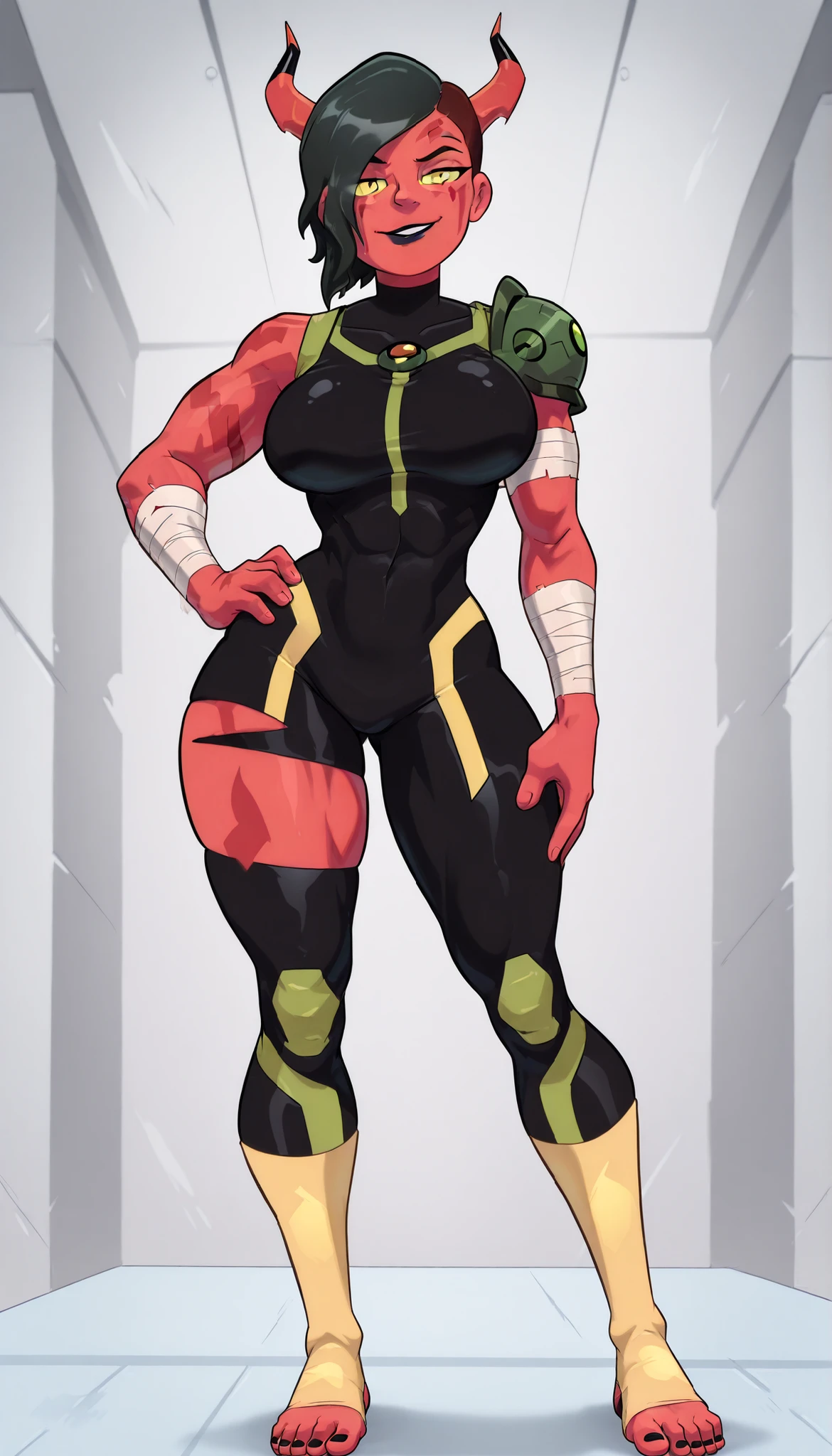 (Looma from Ben 10 Omniverse), 1 girl, solo, helmet, red skin, solo, armor, horns, bandages, yellow sclera, black sleeveless Side cut bodysuit, black bodysuit, black bodysuit with hip cut and thigh cut, Side-cut thigh bodysuit, turtle neck, shoulder armor, breasts, extra eyes, bandaged arm, solo, black lipstick, voluptuous, athletic female, muscular female, Toeless bandage legwear, ((masterpiece)), best quality, ultra detailed, high resolution, 4k, Fitness body, Athletic body, Amazon body, Bulk body, Big breasts, Toned hips, Toned thighs, Toned calves, Standing, full body:1.5, looking at viewer, yellow eyes without pupils, flirtatious look, smug, sexy smile, 