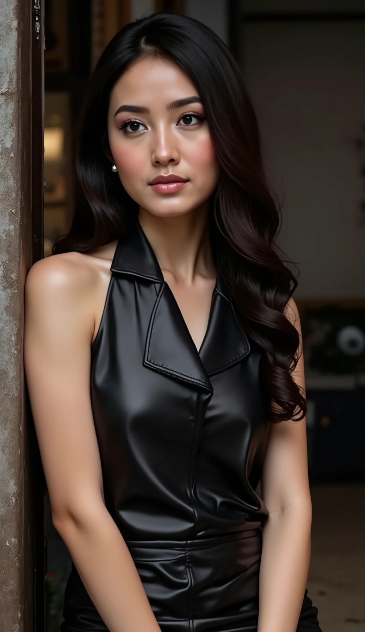 A beautiful Indian girl, 20 years old, fair skin, long black hair, big almond-shaped brown eyes, slim figure, heart-shaped face, soft natural makeup, ultra realistic, high detail, consistent face, photorealistic, full body, same character,Aesthetic female model in a black leather short dress, moody lighting, grunge background, edgy fashion shoot, dark makeup, soft focus"