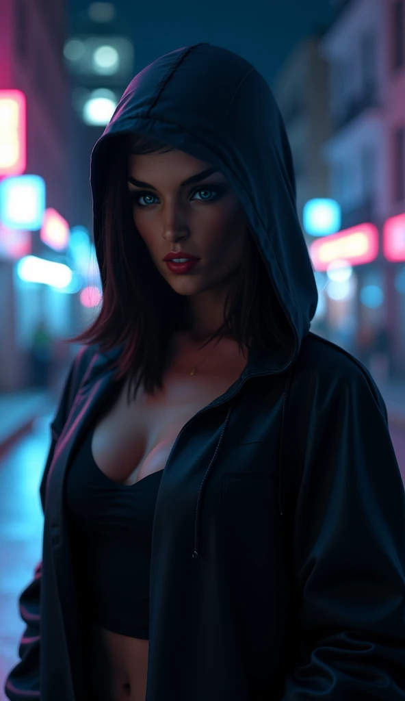 Dystopian, beautiful girl, tattered hood, super busty