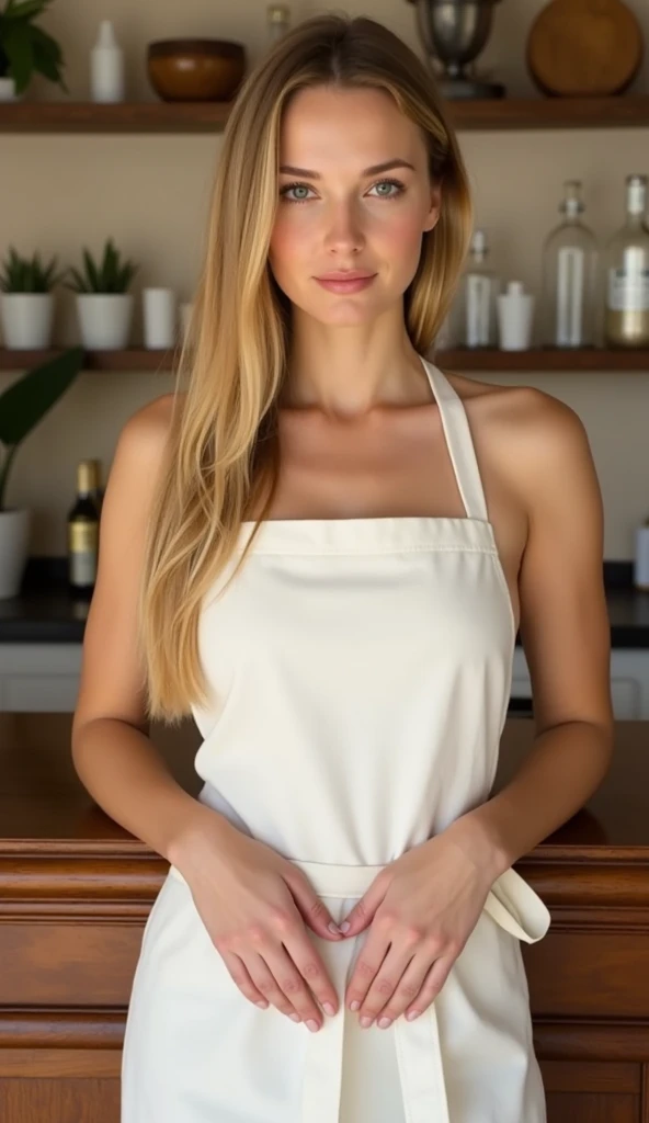 Extremely realistic blonde Russian girl with blonde hair and blue eyes, cooking , wearing only apron, visible