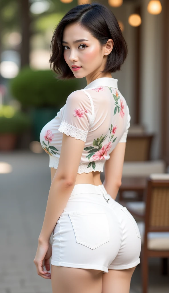 japanese beautiful woman,Ultra detailed skin,Ultra-fine,drooing eyes,high detailing,(short-haired with bangs:1.2),(Photorealsitic:1.4),(Top image quality:2.0),(超A high resolution:1.0), (​masterpiece:1.5),(pureerosface:1.5),big eye,Dynamic lighting,the skin is wet,Bright pink and sparkling lipstick,White and beautiful skin,Shiny satin fabric shirt,White slack pants,20yr old,posterior view,sitting on,s ass,sexypose,Camera work from behind,buttocks are turned,With your back turned,