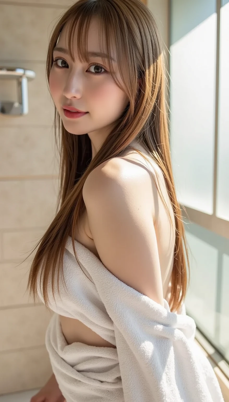 beautiful girl,Long legs,Long Hair, The Face of Japan,thin、Smile、White tank top、Beautiful Hair、Thigh-length hair、Beautiful Long Hair