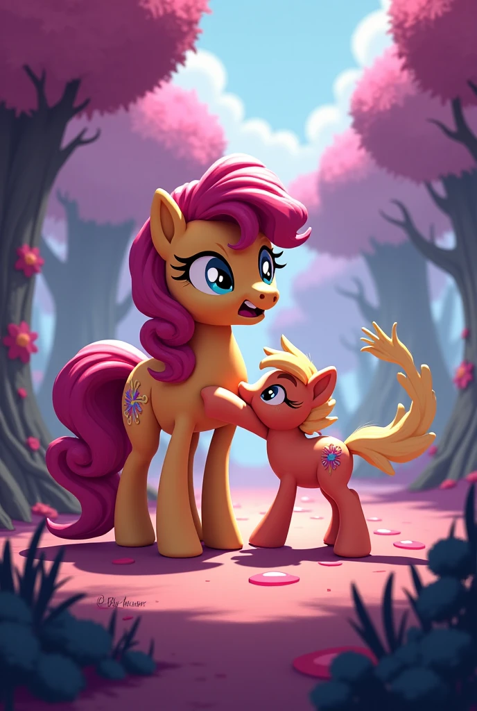score_9, score_8_up, score_7_up, feral, feral pony, (Realistic:0.1), Digital Art, (raw:0.1) cute, cute eyes, beautiful eyes, sharp focus, wide depth of field,
Fluffy, Furry, Fuzzy, Stylized Fur, Long and Fluffy Fur, fuzzy pony, fur, Ear Fluff, filly, cute,
Female child, (chibi:0.5), younger, young, duo, protecting, standing behind another, defending another, protecting another, scared, open mouth, nervous, looking at another, sweet apple acres, rays of light, light particles, dust particles, sad, goodbye, streaming tears, wholesome, yuri, confused, cousins, 2girls, petite, curvy, pastel colors, crying, hooves,
(Babs Seed)/(Apple Bloom)
<lora:Photo Style LoRA XL:0.3>
<lora:Smooth Anime Style LoRA XL:0.3>
<lora:Cold Oil Gothic Style SDXL_LoRA_Pony Diffusion V6 XL:0.3>
<lora:Anime Summer Days Style SDXL_LoRA_Pony Diffusion V6 XL:0.3>
<lora:Wholesome_MLP-v1.0:1>