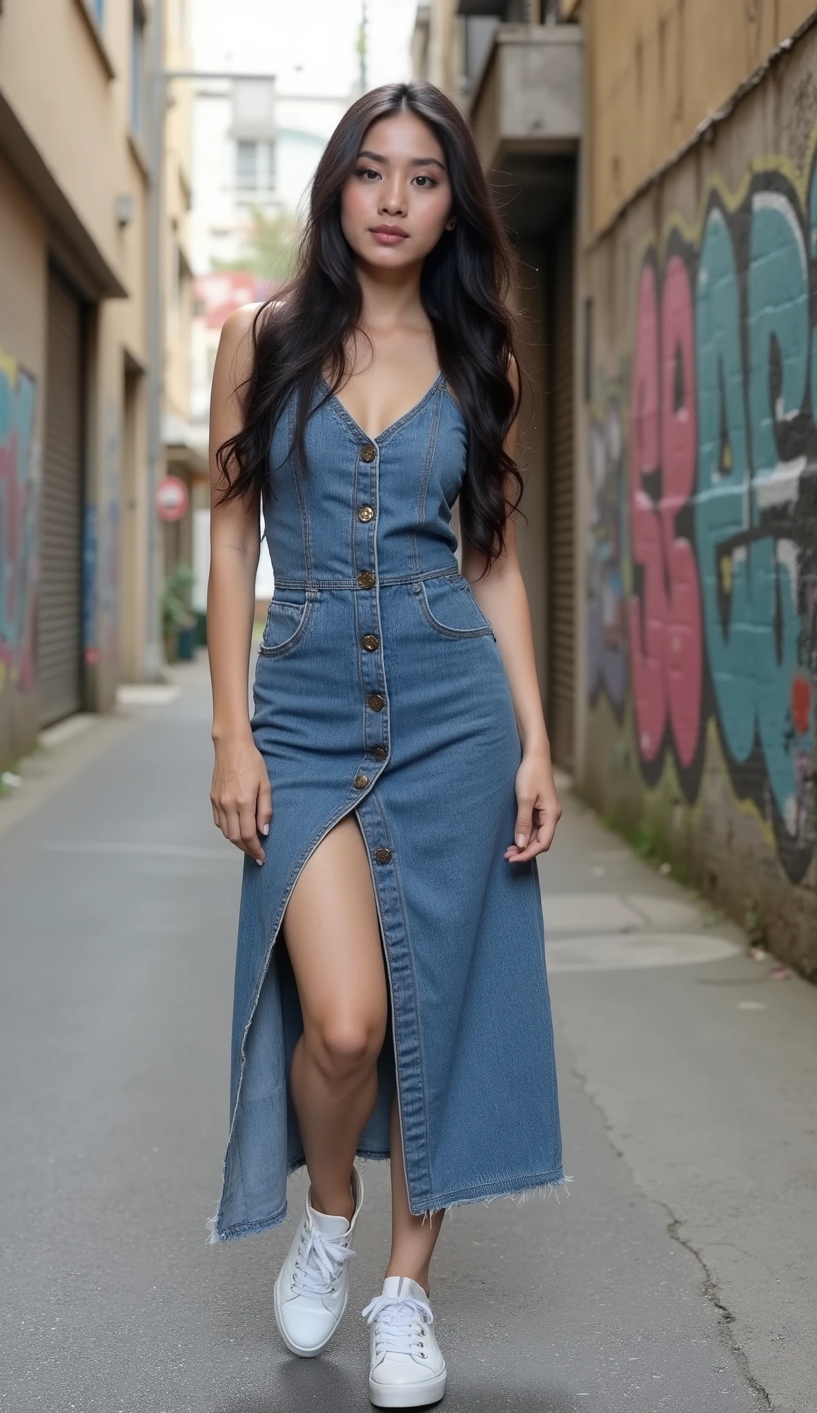 A beautiful Indian girl, 20 years old, fair skin, long black hair, big almond-shaped brown eyes, slim figure, heart-shaped face, soft natural makeup, ultra realistic, high detail, consistent face, photorealistic, full body, same character,Trendy girl wearing a full-body denim dress with white sneakers, standing in an urban alleyway, graffiti walls, confident pose, natural sunlight, street fashion wide shot"
