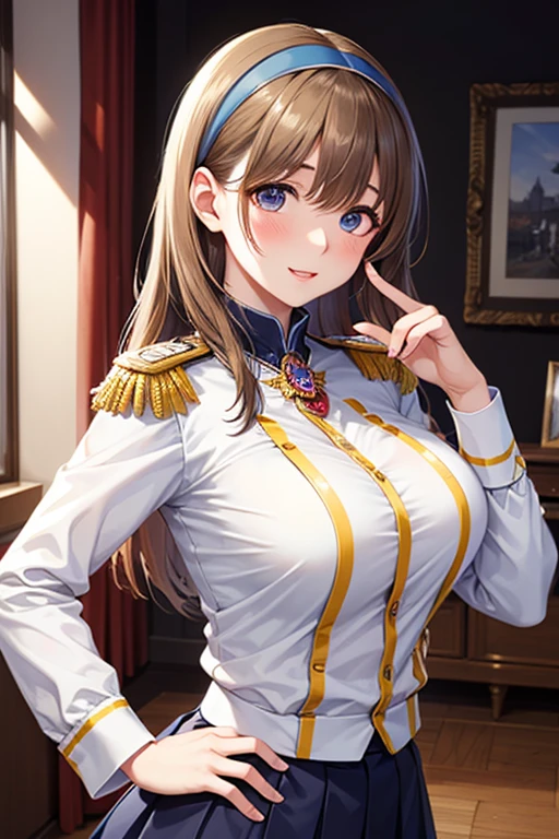 masterpiece, best quality, highres, aanitta, (very long hair), (black peaked cap), earrings, big breasts, cleavage, muscular body, military uniform, epaulettes, badges, (black shirt:1.2), (gold trim), (bulletproof vest), (red ascot), black sleeves, long sleeves, (black cargo pants), utility belt, (belt pouches), cargo pants, (white gloves), cowboy shot, (smile), facing the viewer, looking at the viewer, (simple dark background), blurry background