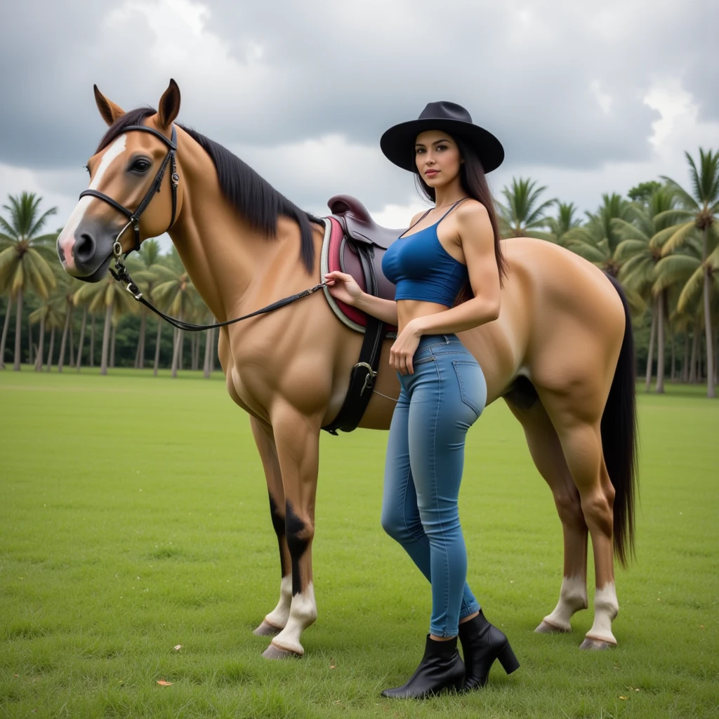 woman sitting solo, dark hair, gray blouse with blue collar, black shorts, full length photo, on a horse in a field with trees in the background, riding a horse, on horseback, an with led horse, having fun, riding a prancing horse , profile photo, riding a black horse, shapely woman, adult woman, detailed body, beautiful face, full body, full photo, tanned supermodel, beautiful eyes, perfect face, medium breasts, 39 year old woman, big hips, HDR , well lit, photoreal, detailed hands, realistic hands, 5 fingers per hand, solo, dark hair, gray blouse with blue collar, black shorts, full body photo, clear, high quality photo. Beautiful woman, extremely sexy, very sensual. Masterpiece: 1.3, high resolution, (photographically realistic), 8k, NUDE, NUDITY, NFSW