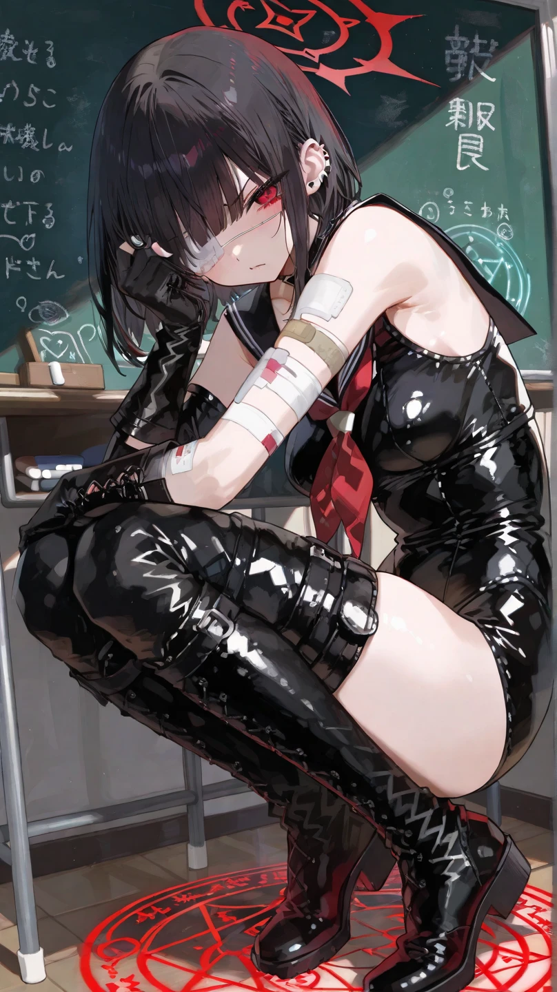 Close-up shot of a sexy woman, Gorgeous with captivating eyes and perfect makeup, radiant childhood friend, accentuated by a sheer white tank top and a short black pleated skirt, Show off your sexy figure with big thighs and wide hips, provocative. tie (Shibari, tay bị tie sau lưng: 1,5), (Shibari: 1,21), Bị tie, chân bị tie, gag with drool ball((( red ballgag)))Wear glasse, in a crowded conference room , wet person , green rope