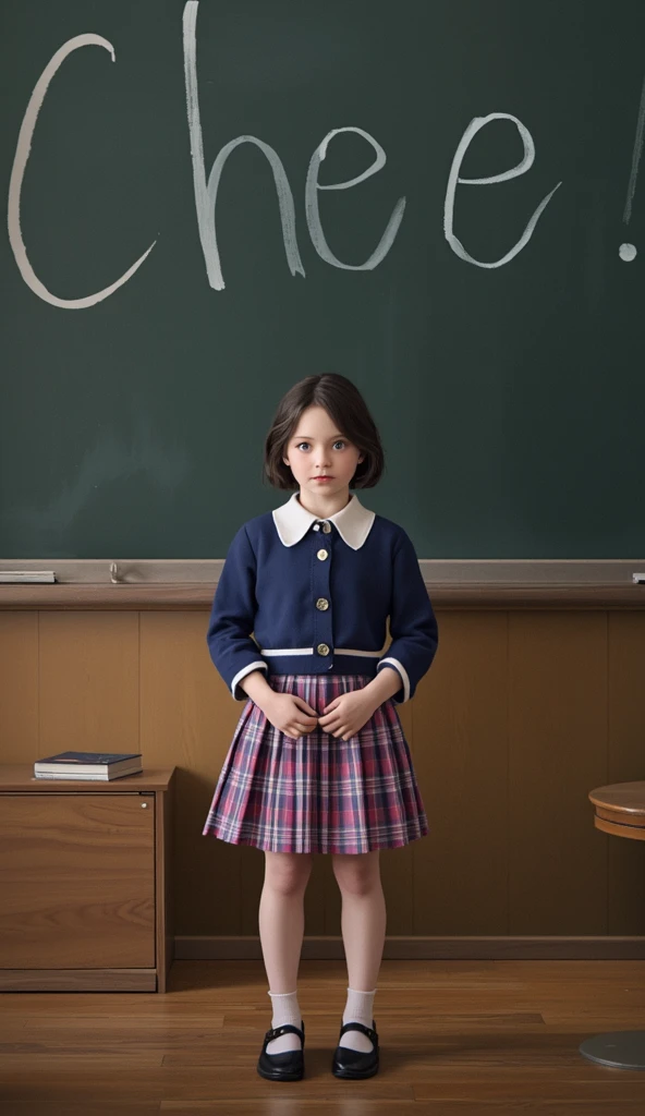 England, 1988. A little ((((5-year-old)) Matilda Wormwood)), at school, ((((clothings from the 1980s)))), ((dark hairstyle of the 1980s))