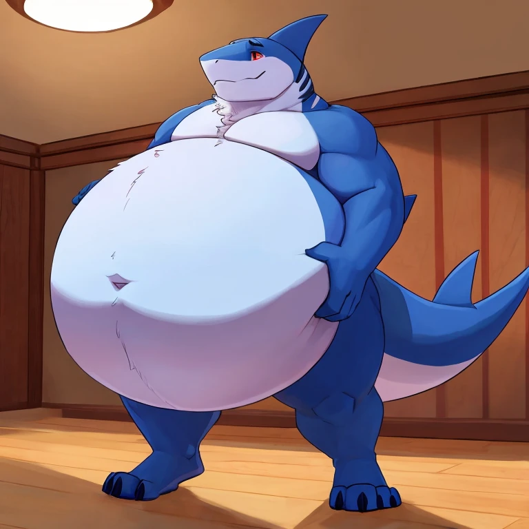 hi res,(shark, finless shark), anthro,4 fingers, aqua blue eyes, blue pants, white shirt, male, muscular, muscular anthro, muscular male, tail, outside, plant, light blue body, sea, solo, tree, (water), detailed background,by milkytiger1145,by takemoto arashi,by null-ghost, cold atmosphere, open smile, soft blue blush, vore, fat, overweight, large belly, thick thighs