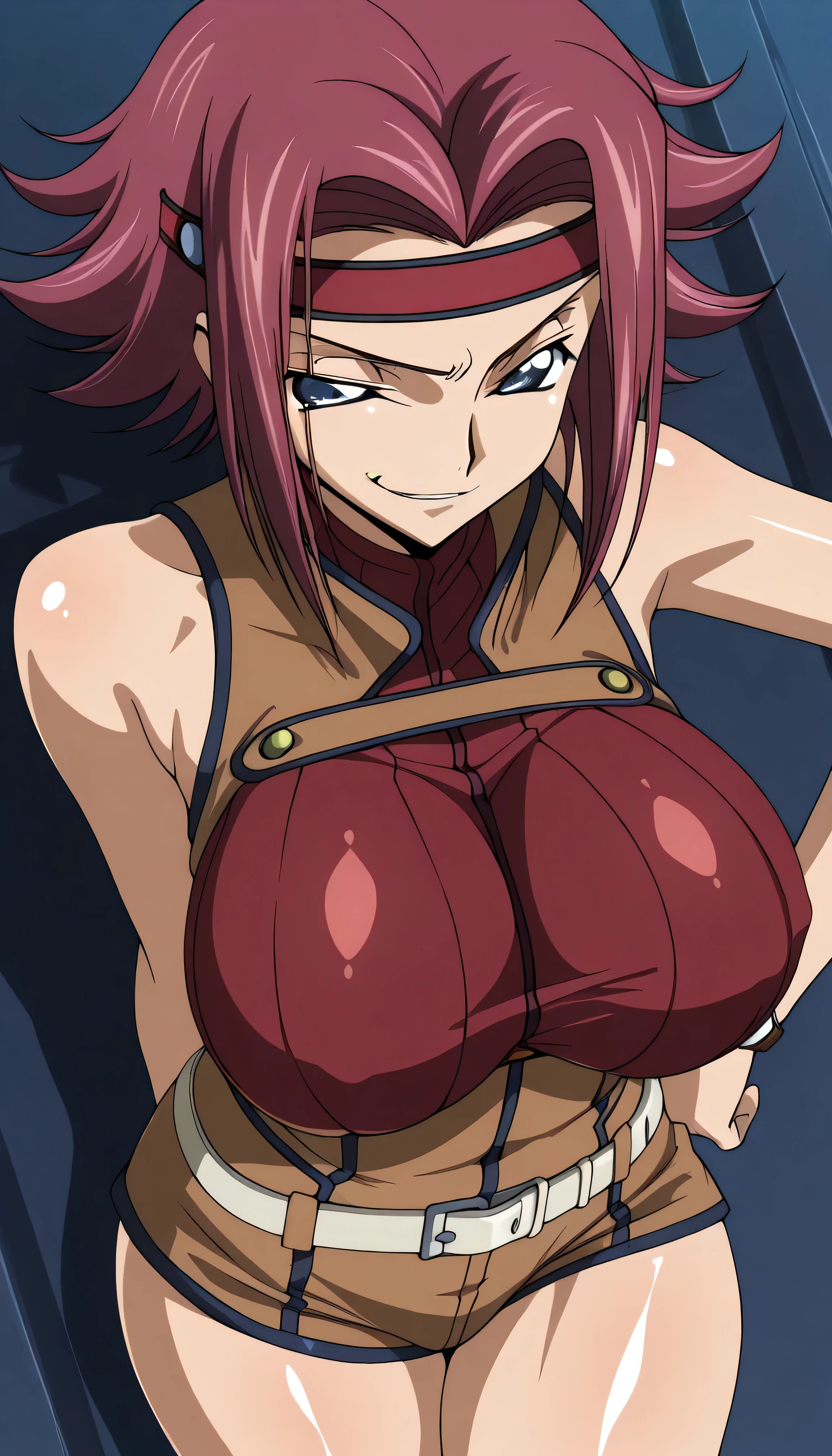 code gias: Lelouch of the Rebellion/Kallen Stadtfeld, blue eyes, Red hair, shorthair,
Red hair, Spike Hair, shorthair, side lock, blue eyes, Red Headband, bare skin shoulders, red turtleneck from above, sleeveless turtleneck on the back, Brown Jumpsuit, , belly on, White Belt, brown shorts, , Red thighs,, ,, Watch Viewers, , (shiny skin:1.5), cowboy shot, smile,Indoor,big boobs,big thighs,,(smirk:1.9),Watch Viewers,anime style,High Quality,masterpiece,very detailed,0bc1w,1girl,solo,