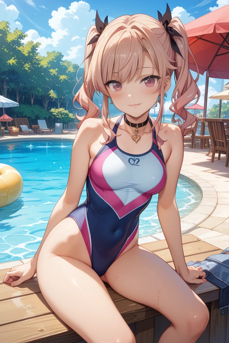 2d, masterpiece, best quality, anime, highly detailed, cowboy shot, 1girl, solo, midriff, pool, standing, outdoors, smile,poolside, male swimwear,topless,flat_chest,embarassed,breast_covering,covering_nipple,swim_trunks,male_swimwear_challenge,