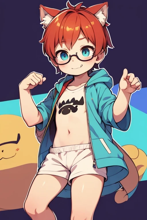 solo, The Q version of the cute human, male, orange hair, freckles, short hair, round eyeglasses, big eyeglasses, human ears, standing, side view, profile view, smiling, eyes looking at the side, happy, smile, cute, white background, naked, nude, full body, small balls, small penis, flaccid penis, shorstack, chubby,