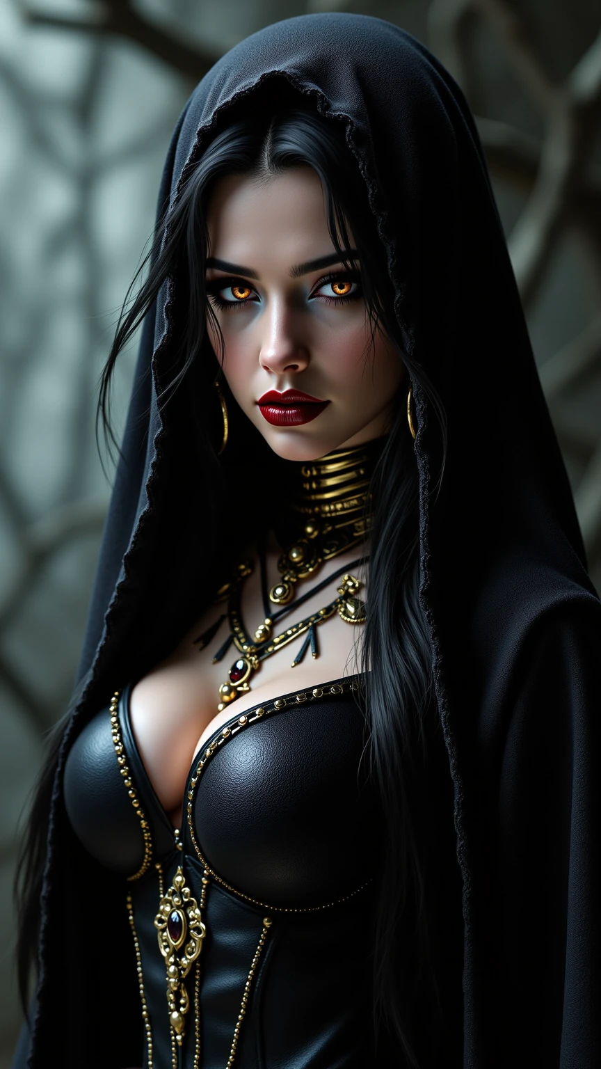Create a picture of a witch. dark-skinned, makeup, red lipgloss stick,  silver necklace and big breasts.