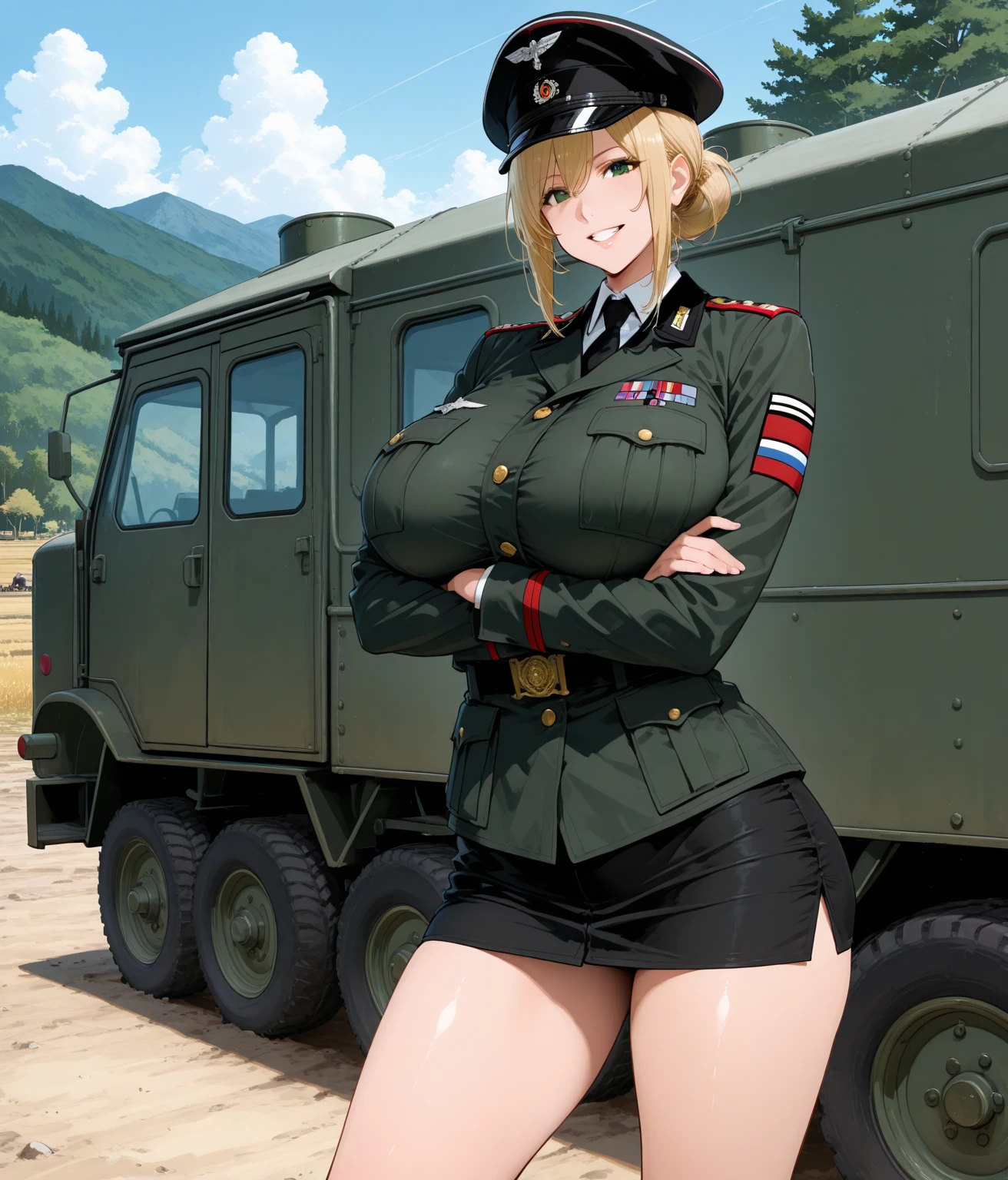 sitting, spread legs, arm behind head, huge breasts, nipples, blush, 1girl, solo focus, short hair, thigh, military uniform, military hat, panties, boots, giantess, giant, city, river, sky, horizon, cloud, destruction, debris, <lora:giantess:0.8>, bakumilf, <lora:Mitsuki:1>