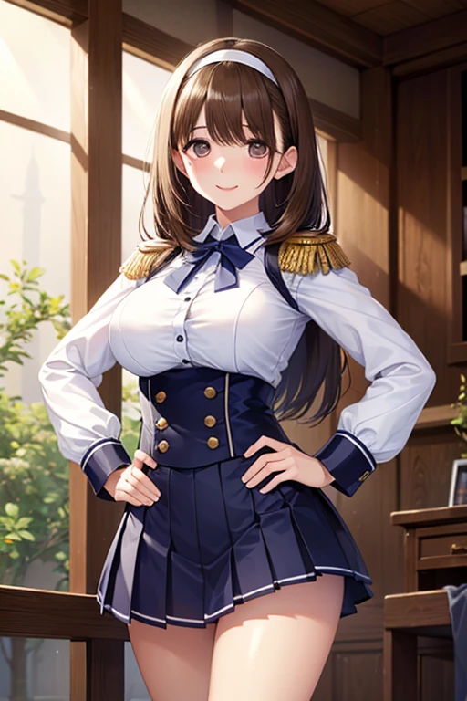 masterpiece, best quality, ultra detailed, detailed eyes, sparkling eyes, nsfw, huge breasts, (((bare breasts))), (((see through))), 1girl, panty shot, The image is an anime-style young woman with long, flowing brown hair adorned with a red bow and a golden hair accessory. Her large, expressive blue eyes convey a sense of curiosity and contemplation. She is dressed in a see through formal consisting of a navy blue blazer with gold buttons, a white button-up shirt, a red tie, and a pleated grey skirt, (((skirt lift))), The sleeves of her blazer are rolled up, adding a casual touch to her otherwise neat appearance. The background suggests an indoor setting with large windows allowing natural light to filter in, illuminating her features and creating a soft, warm ambiance. She holds a bag in her right hand, indicating that she might be either arriving at or leaving a location, possibly a school or an office. Her overall demeanor is both poised and slightly introspective, capturing a moment of stillness in what might be a busy day.