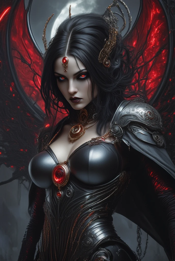 Comic book series featuring the Putrefying Cadaveric Queen, the Sinister Queen of the Night: With a scary, silhouetted figure clad in clothes that shimmer like moonlight, this formidable character wears a black crown beautifully adorned with rubies on her long, black hair. Her deadly gaze can freeze anyone in their tracks. Nestled in a mountainous landscape, rivers of blood flow below, adding to the ominous ambiance. The best quality illustrations depict her face with utmost precision and correction, highlighting her grotesque yet entrancing beauty.