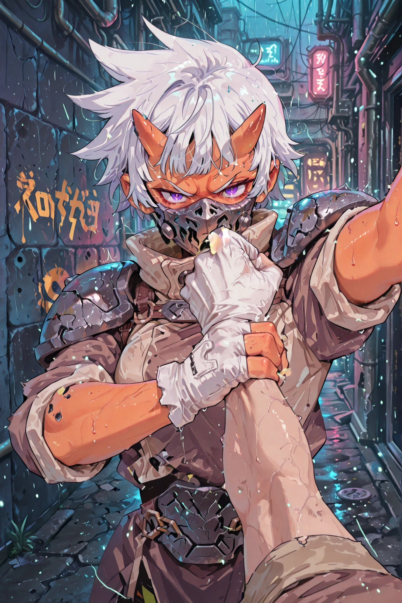 1girl, pov, reaching towards viewer, kabedon, arm up, oni girl, oni horns, athletic muscular body, orange body, orange skin, dark-orange horns, very short hair, tomboyish haircut, white hair, spiky hair, tomboy, tall female, large female, purple eyes, small iris, sanpaku, frowns, angry, looking down at viewer, armoured, white armour, modern armour, white gloves, fingerless gloves, rolled sleeves, brown topwear, metal mask, clenched fist, ready to punch, outdoors, dark alley, neon lights, standing, close up, best quality, anime style, cynematic ligths, rain, night, unkempt hair, futuristic clothes, concrete walls, cyberpunk, shoulder pads, high collar, dark night, covered mouth, intense stare, dirty streets,