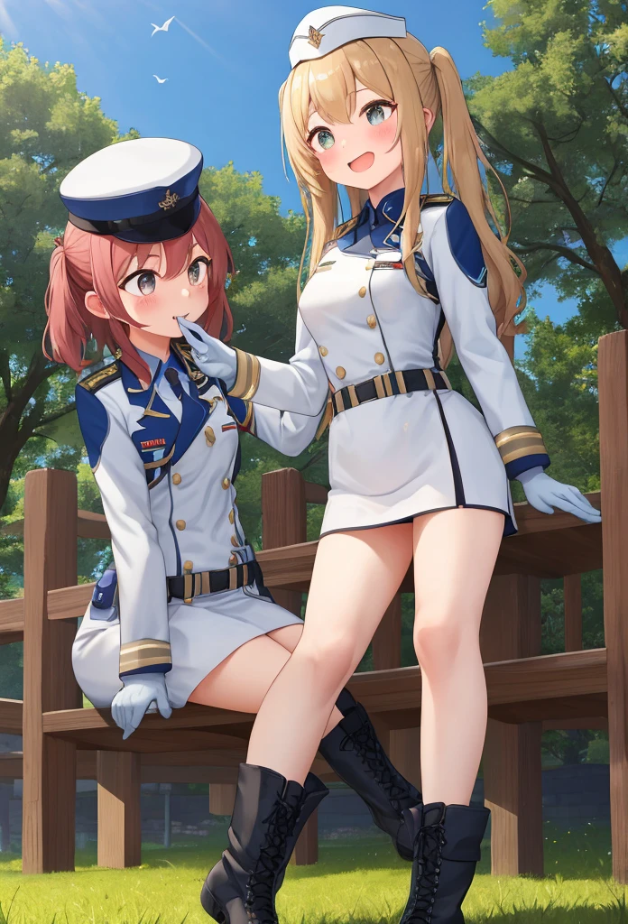 (masterpiece:1.2, best quality), 1girl, young teen, slim, white military outfit, white pleated skirt, (skimpy mini skirt:1.3), skirtlift, upskirt, (no panties), military hat, cadet, smile, blush, sitting by navy ship, anime minimalist, watercolor, (hairy pubes:1.3),