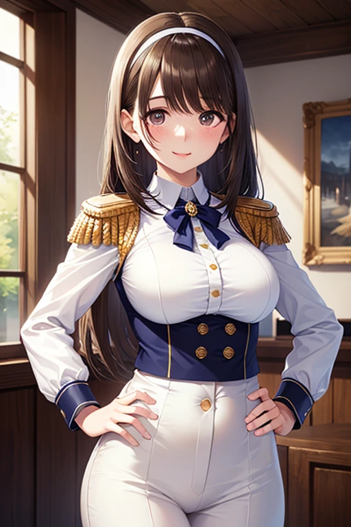 masterpiece, best quality, highres, aanitta, long hair, peaked cap, earrings, medium breasts, military uniform, epaulettes, (white shirt:1.2), white sleeves, long sleeves, white pants, idolmaster, <lora:nitta_minami_v1:0.7>, leaning forward, smile,
