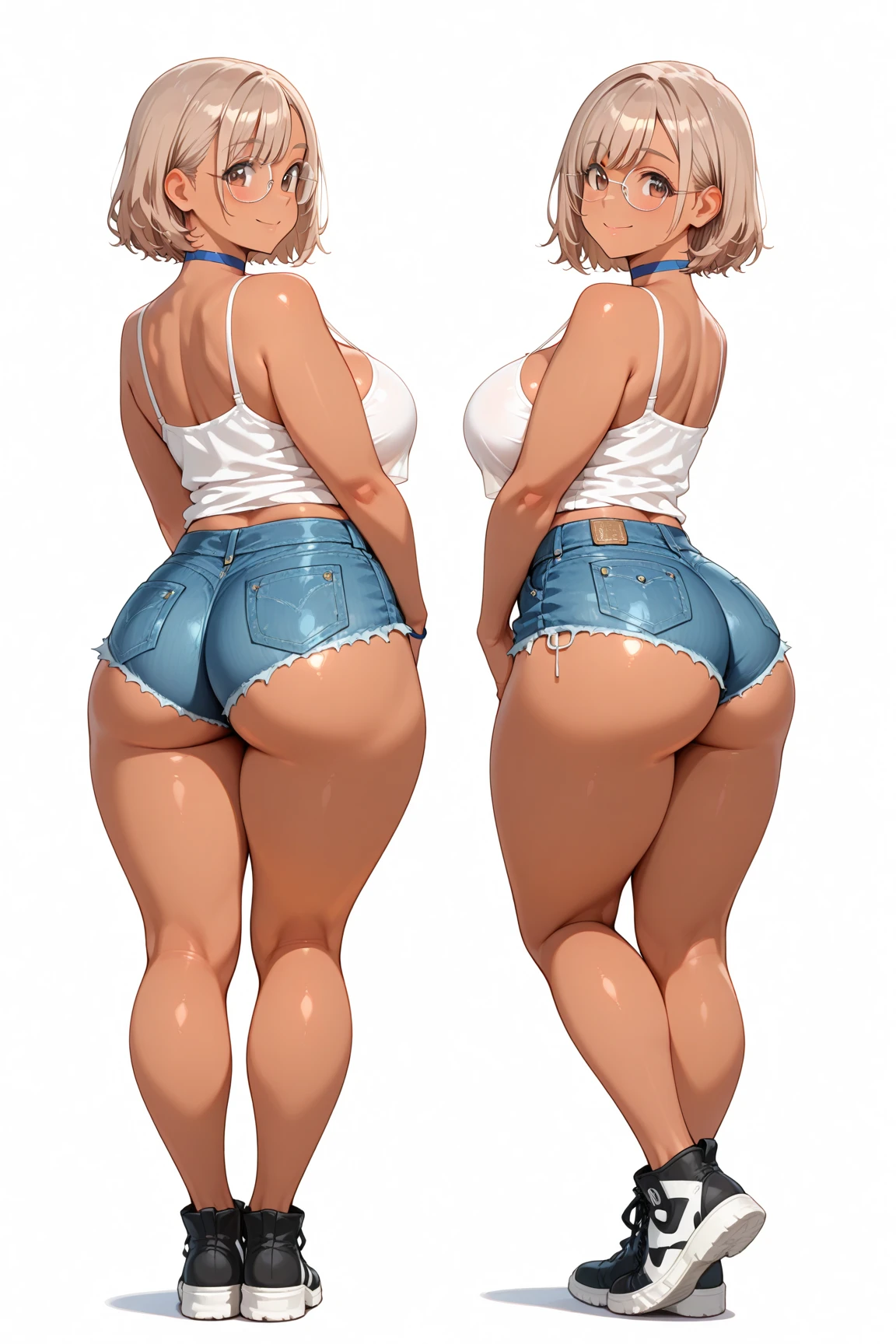 mixed_artwork style, 1 girl, standing alone, hands, beautiful woman, thick, Asian, thick, short white blouse tied, short shorts, ptinta eyes, white hair ptinta locks, twin tails, realistic, textures, 8K, perfect hand, perfect anatomy, visible curves, Breasts, big ass, Multi view