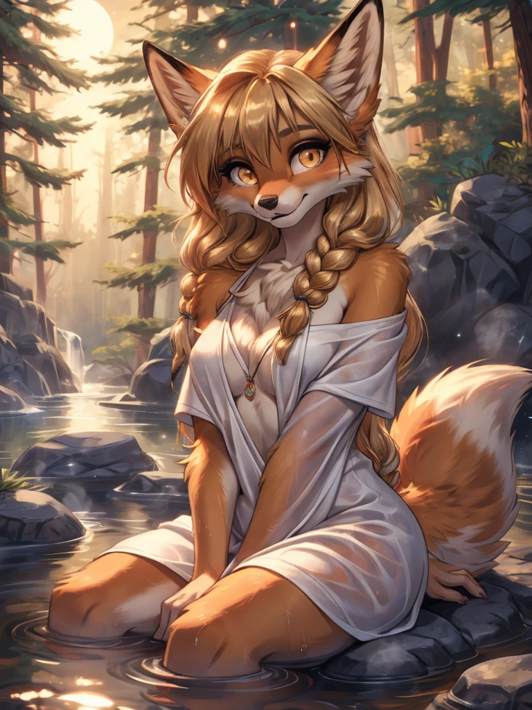 beautiful, (masterpiece), high quality, perfect lighting, Highly detailed CG Unity 8k wallpaper, High resolution, perfect lighting, youthful, adolescent, tall, slim, skinny, frail slender figure, slim legs, distinctly feminine figure, narrow hips, long legs, medium plump breasts, close-up shot, detailed face, A beautiful fox-girl, with long, luxurious blonde fur that shines in the sunlight. Her hair is wavy and voluminous, with streaks of caramel brown running through it. Her eyes are a striking emerald green, and her expression is one of quiet confidence. She wears a flowing sexy gown made of soft, patterned translucent fabric that showcases her narrow figure. and around her neck is a delicate gold necklace with a single sparkling gemstone.
She sits thighs wide apart, hips bent heroic pose in front of a lush, green forest, the leaves rustling in the breeze.