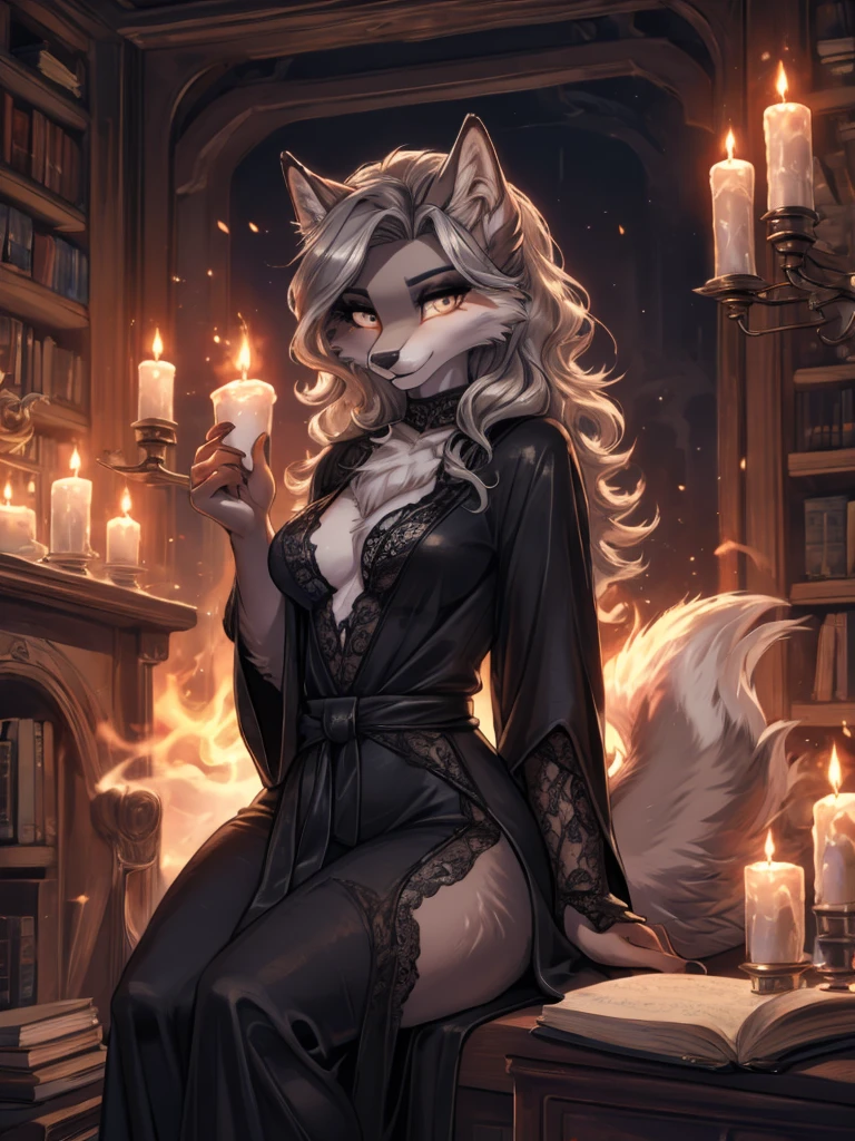 canine, furry, anthro, dog girl, 1female, goth, lace, short skirt, corset top, underbust corset, breasts, nipples, long grey hair, black fur, long ears, floppy ears, circle sunglasses, blushing, breast press, nsfw, standing, bookshelf, candles, shadows, spiderweb, spooky