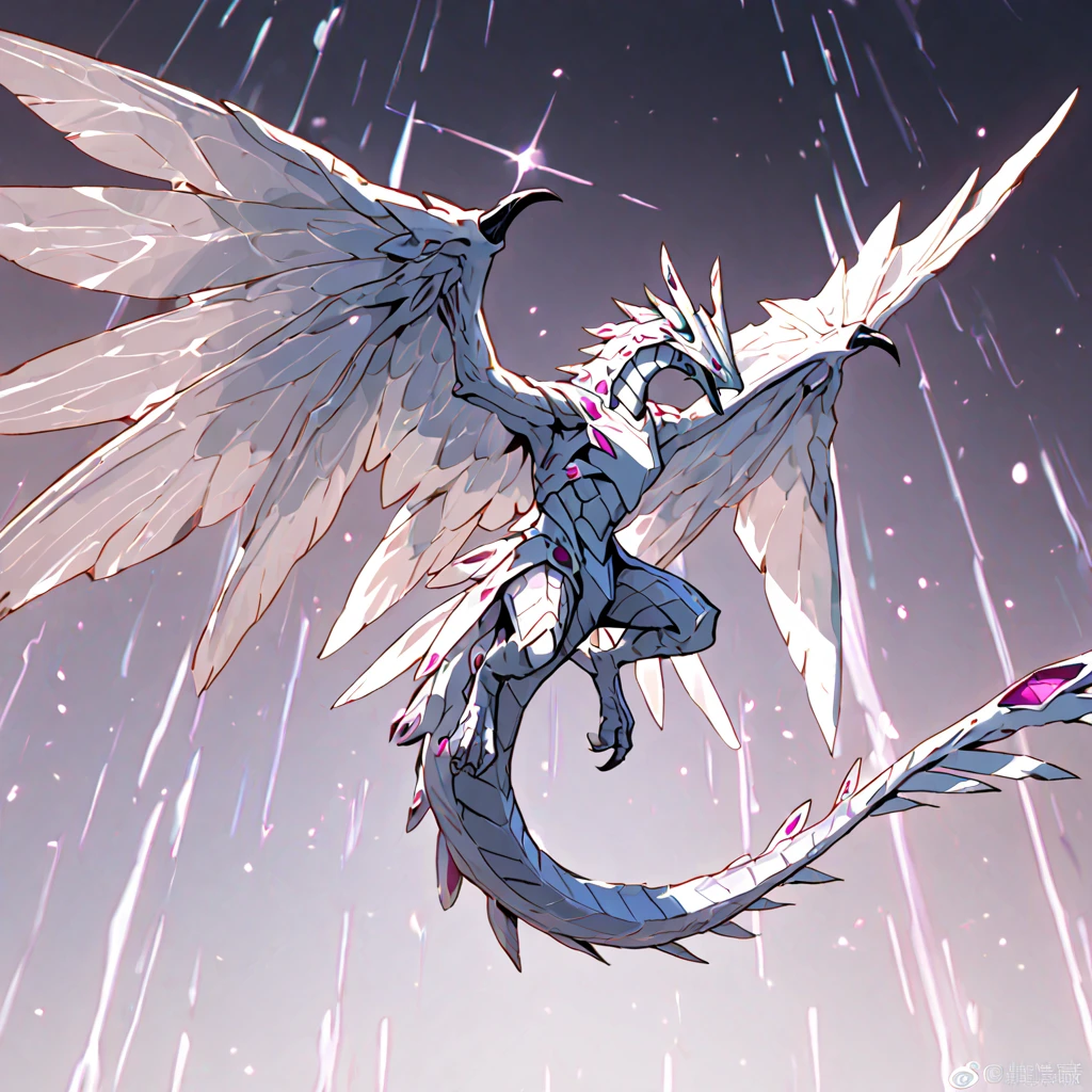 The image shows a fantastic creature that combines characteristics of a bird and a dragon, with a majestic and regal appearance.
### Physical description:
- **head**: The creature has a bird's head, similar to that of an owl, with big eyes and a curved beak. On her head there is a crown of green crystals that gives her an air of royalty..
- **body**: His body is robust and muscular, covered in white feathers with a soft shade of purple. The chest and neck are adorned with green crystal patterns that seem to emerge from her skin.
- **Alas**: It has large feathered wings that extend from its sides, with feathers ranging from white to darker purple at the tips.
- **paws**: The front legs are strong and end in sharp claws., with feathers that partially cover the extremities. The hind legs are also muscular and powerful..
- **cola**: Its tail is long and ends in a series of sharp feathers., similar to those of a bird but with a more draconic touch.
### Additional details:
- **Green Crystals**: The green crystals on his head and chest are not only decorative, They also emit a shine that accentuates their regal appearance.
- **expression**: The creature's expression is serene and proud, showing his status and power.
### General appearance:
The creature has a majestic and elegant appearance, combining elements of a bird and a dragon. Green crystals and purple feathers add a touch of fantasy and royalty, making it look like a guardian or a noble creature from a magical world.