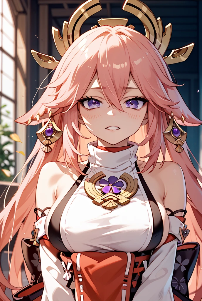 masterpiece, 8k, high resolution, detailed background, bokeh, shrine, yae miko standing in front, in black bikini, perfect portrait, cinematic background, glowing particles, semi-realistic 