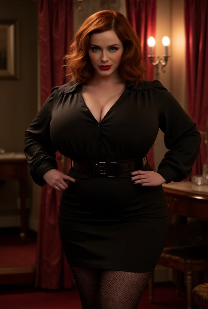 Lucy Pinder, ((VERY INTENSE MAKEUP)), sexy woman, voluptuous, cleavage, (Adele), chubby woman, lace, orange hair, short hair, green tie, long sleeve t-shirt, purple t-shirt, pink belt, purple skirt, pantyhose in tights, smiling.