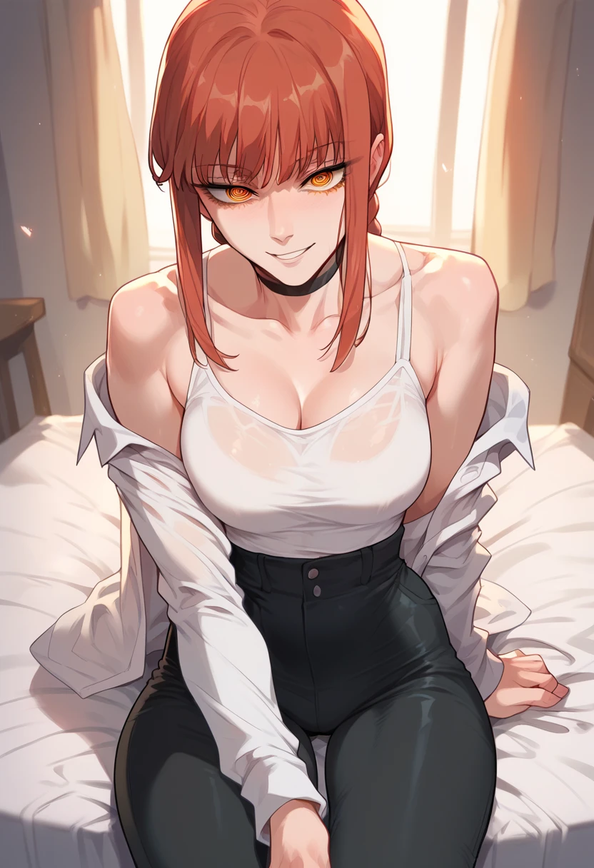 Makima, Sitting in chair, Solo, Solo Focus, Looking at viewer, chainsaw man series, red hair, (wide hips), swirl eyes, yellow eyes, black leather pants, white button up shirt, sexy, large breasts, spread legs, smug, groin outline, midriff, navel, sweaty, pose that attracts opposite