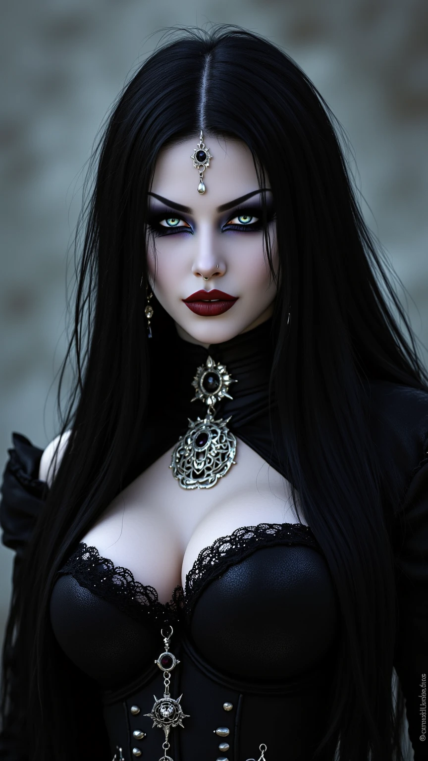 ((Masterpiece)), ((best qualyty)), there is a demonic woman,  linda, (rosto_lindo), pele perfeita, ((globos_oculares_brancos): 1.2), your eyes do not have irises and pupils, olhoss brancos, small horns betray its diabolical origin, ((chifres_pequenos): 1.0), vestido preto, ((cabelos pretos, cabelos lisos,): 1.0), with a black bird on his shoulder, corvo negro, (corvo negro: 1.0), ((perching bird_no_ombro)),  the bird is a black crow, arte de estilo fantasia sombria, gothic fantasy art, arte de fantasia sombria, fantasia sombria misturada com realismo, in style of arte de fantasia sombria, Artgerm e Rossdraws, Artgerm e Tom Bagshaw, vampira com asas de corvo, wlop e artgerm, artgerm extremamente detalhado