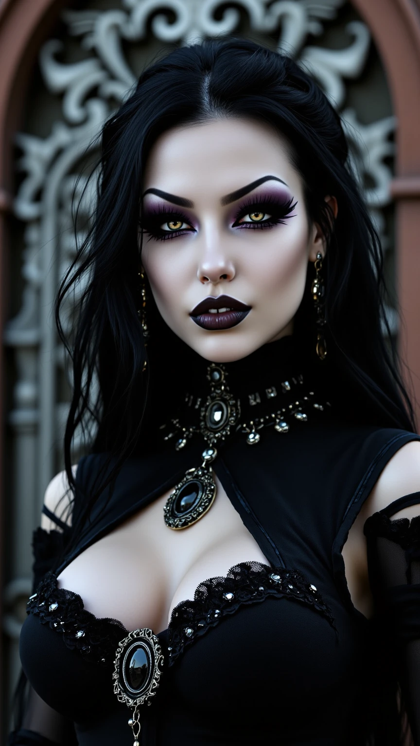 Create a photo realistic hyper realistic heavily tattooed goth girl, perfect face, thin curved black eyebrows, long luscious eyelashes, black eyeliner, black eye shadow,curved lips, thick black lipstick, half shaved long luscious black hair, black lace choker collar, golden ratio body, black corset, black thong, sitting in a bed one and in hair the other hand over mouth,