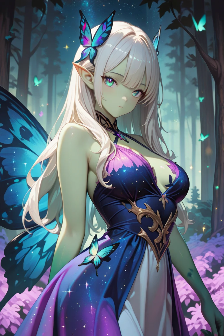 Masterpiece, best quality, expressive eyes, perfect face, 1girl, breasts, purple eyes, fairy, fairy wings, pointy ears, smile, looking at viewer, blonde hair, flower, see-through, navel, large breasts, wings, long hair, dress, white background, bare shoulders, bangs, purple eyes, hair flower, very long hair, simple background, cleavage, hair ornament, detached sleeves, standing, braid, thigh gap, wide sleeves, jewelry, sidelocks, gem, parted bangs, covered navel,