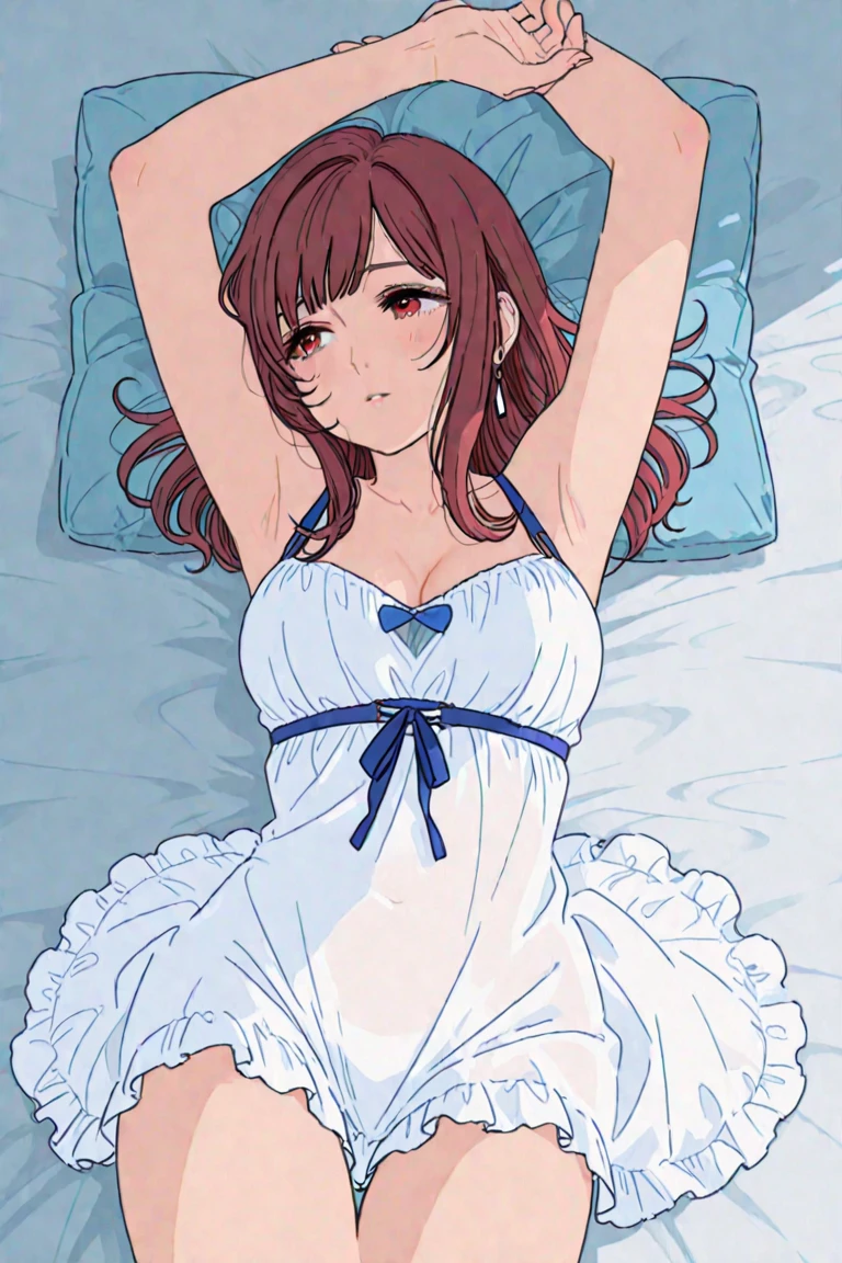 Big breasts, red hair, blue eyes, droopy eyes,  elementary school student, (super big breasts:1.1), (medium hair: 1), elementary school student, young face, short height, 10 years old,  shy , smiling a little, soft hair，Lingerie Set，bed,lying on back