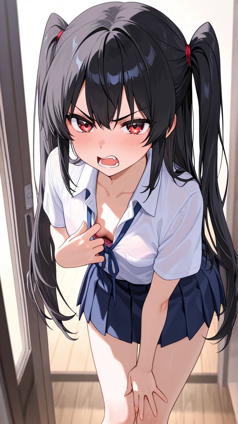 1 girl, realistic, solo, remote_play, remote_vibrator, embarrassed, blush, flinch, surprised, ((((love juice)))), (trembling: 1.3), clasping the crotch with both hands. uniform (Top Quality, Masterpiece: 1.3), Absurdity, High Definition, 8K, Ultra High Definition, Official Art, Illustrations, Very Detailed, Ahegao , Ahoge, 20 Years Old, Black Hair, Long Hair, (Wet Panties, Love Juice), Thin Fingers of a Woman Pressing Switch are reflected from the left side of the screen, NSFW +