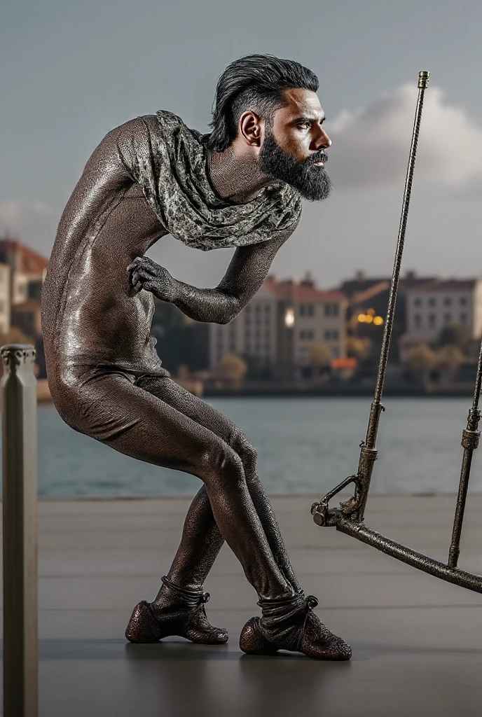 pintura china front view a young man slender_athletic_realisim_body, italian boy he is Scene: DutchA diver in the middle of a dive in the Olympics. Characteristics: Robust man, ruddy face,shirtless pantless Background: olympic pool , windmill. Style: Dutch Baroque, scenes of everyday life. Painters: Jan Steen. Palette: Warm tones, ochres, browns and blues.