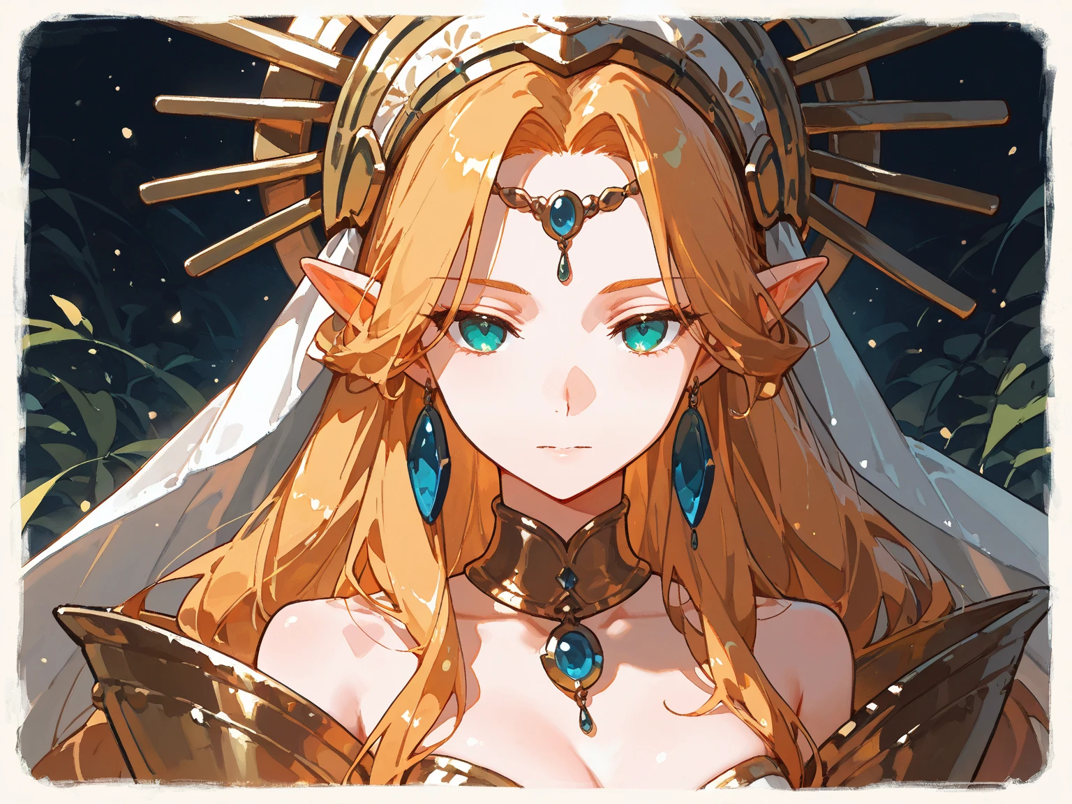 ((Highest quality)), ((masterpiece)), (detailed), （Perfect Face）、The woman is a High Elf in Deidrid, wearing a revealing long black slit dress with luxurious gold embroidery and trim, adorned with accessories.、The woman is an offering to the Dark God, being sacrificed on the altar of darkness.、He is not wearing armor.、Captive