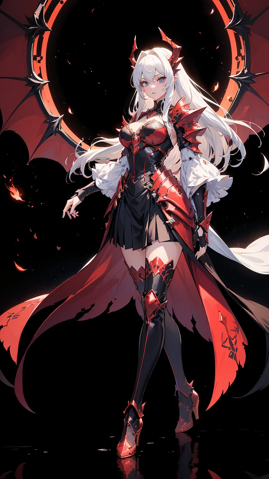 Monster girl with Bone tentacles, She has shiny red eyes with white hair, She has tiny breasts, Small breasts, Flat bust, She is wearing demonic costume, Glowing robe, Blood is dripping from her eyes, Bleeding scars, White bone tentacles
