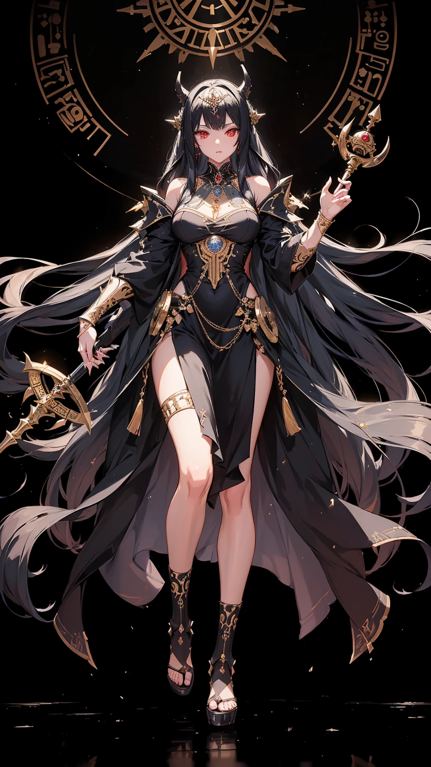 (((masterpiece, best quality, high detailed, 16k))) (1girl) A regal queen with long, flowing black hair adorned with a golden crown, and striking emerald eyes. She is dressed in a luxurious gown of deep red and gold, with intricate embroidery and a long, flowing cape. In her hand, she holds a scepter topped with a large, glowing ruby. Her expression is one of authority and wisdom. ((full body view))