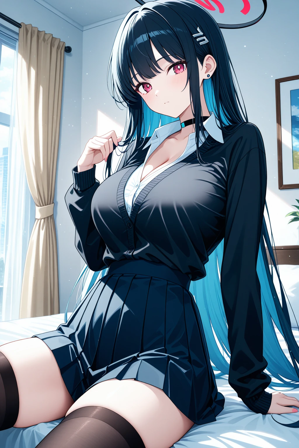 Masterpiece, Best quality, ultra detailed, shiny shiny, glowing light, ray tracing, HDR, depth of field, (perfect face, detailed face, detailed review :1.2),8K,HD,ultra realistic face,ray tracing,perfect lighting,Best quality, ultra detailed, sparkling eyes, (I look at the viewer,smile:1.1), ((1 girl)), (improve, mature woman:1.4),cowboy shot,hips,
Roxy,long hair,((Gradient hair)), eye gradient, (sparkling eyes:1.5), mascara, (fashion makeup), parted lips,blush,skirt, long sleeves, It has,holding,ponytail, very long hair,hair, boots, black skirt,e.g, twin hairs, black headdress, witch It has, white shoes, knee boots, crossed bangs,brown e.g, brown e.glet,
((guild lobby, Round tables, counter, quest table, wooden poles, big windows)),(complex background, many elements in the background:1.2),((super detailed background)), Dynamic poses, ((8K wallpaper)), 